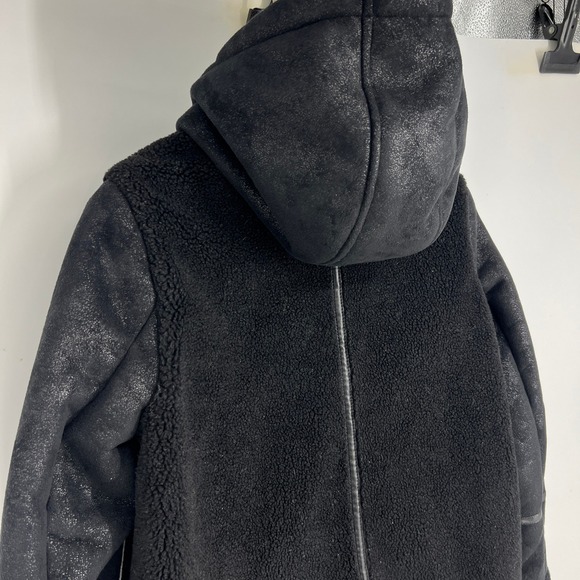 Abercrombie Fitch Black Faux Leather Sherpa Lined Hooded Coat‎ Women's Size M - Picture 13 of 15